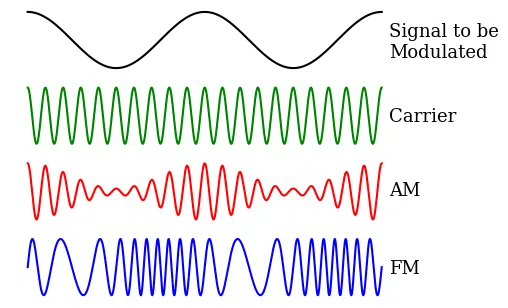 Animation of a carrier, amplitude modulation (AM), and frequency modulation (FM) in the time domain